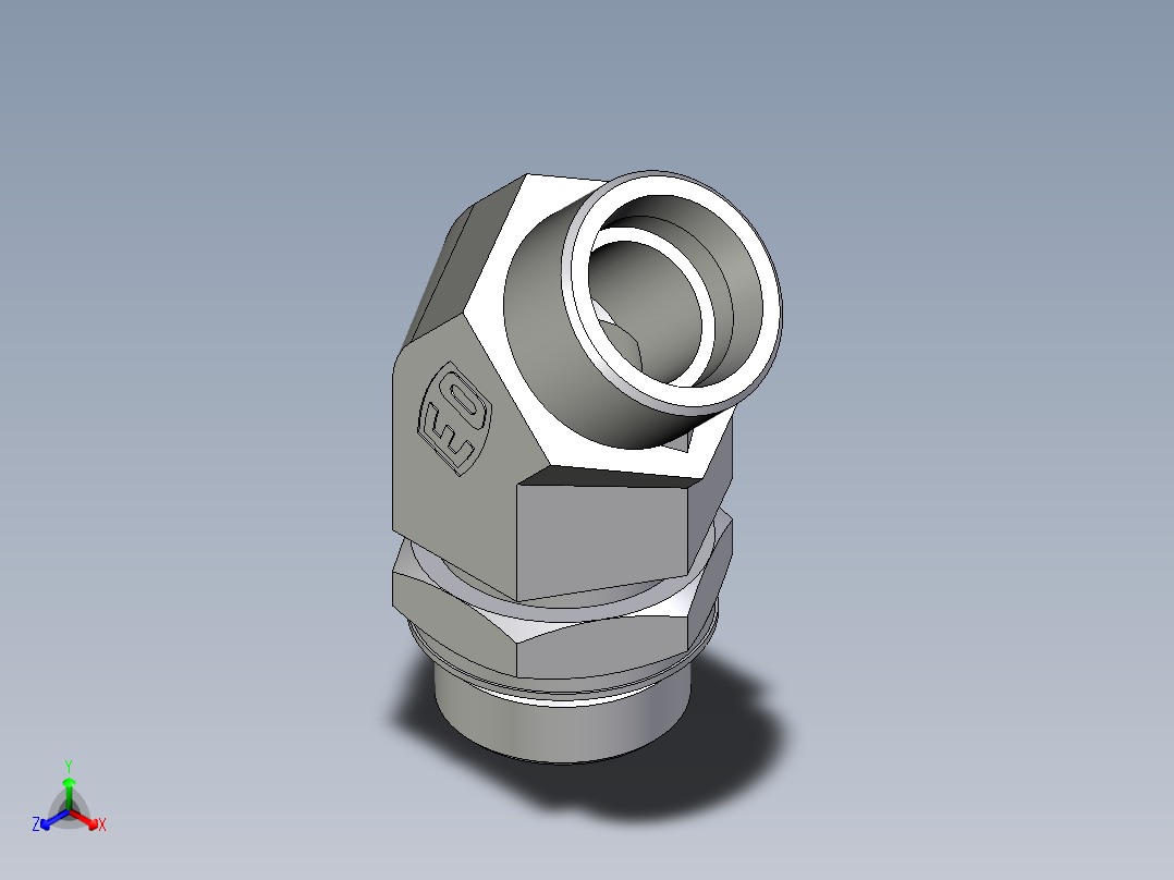 卡套式工业通用硬管接头EO_Adjustable_locknut_45_deg_elbow_VEE30SMOROMDCF正等轴测图