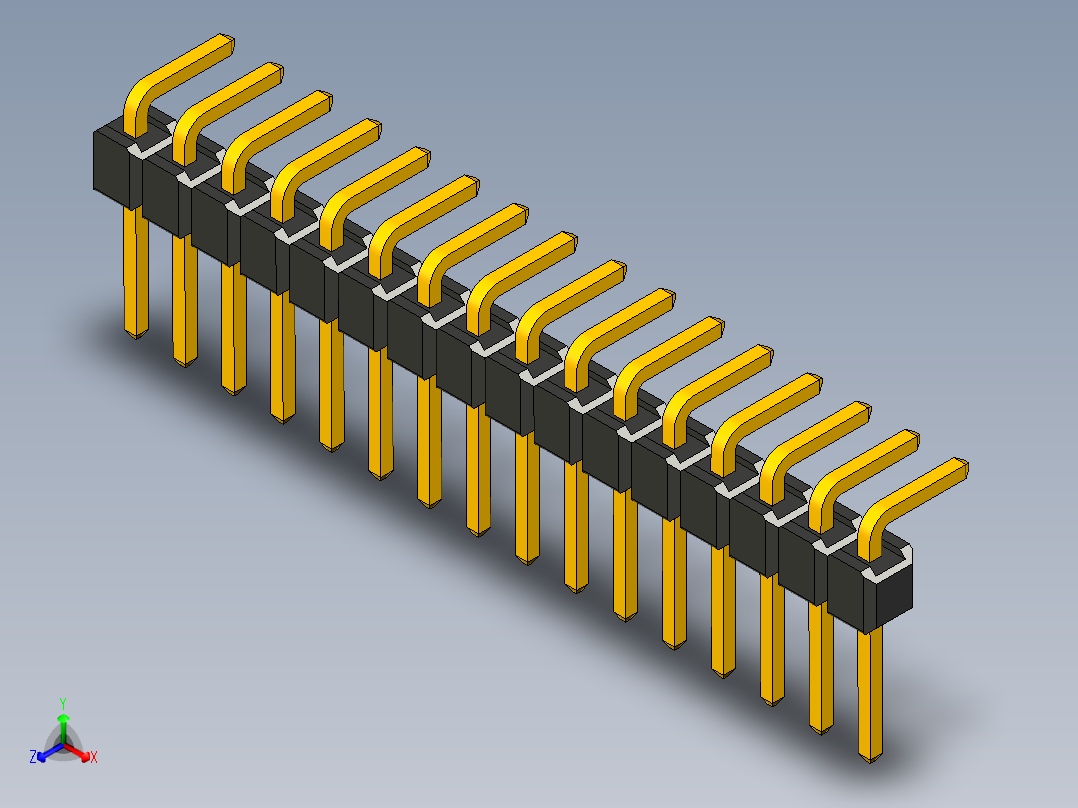 角度单排通孔引脚接头，间距2.54毫米正等轴测图
