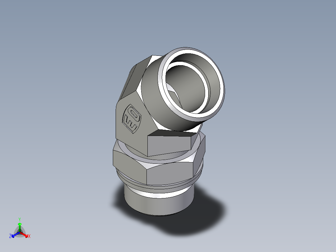 卡套式工业通用硬管接头EO_Adjustable_locknut_45_deg_elbow_VEE22LM27X2OMDCF正等轴测图