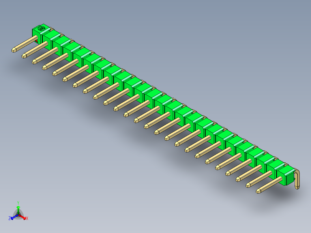 彩色公排针 100mil 2.54mm 系列-DS1022_green_1x25p_100mil_TypeD_rev1.0正等轴测图