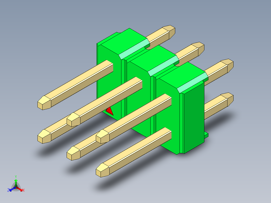 彩色公头100mil（2.54mm）系列-DS1021_green_2x03p_100mil_Type1_rev1.0正等轴测图