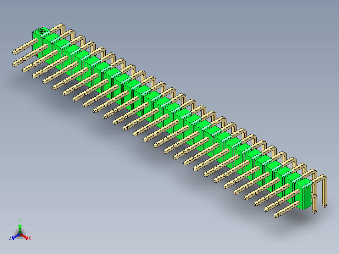 彩色公排针 100mil 2.54mm 系列-DS1022_green_2x27p_100mil_TypeD_rev1.0正等轴测图