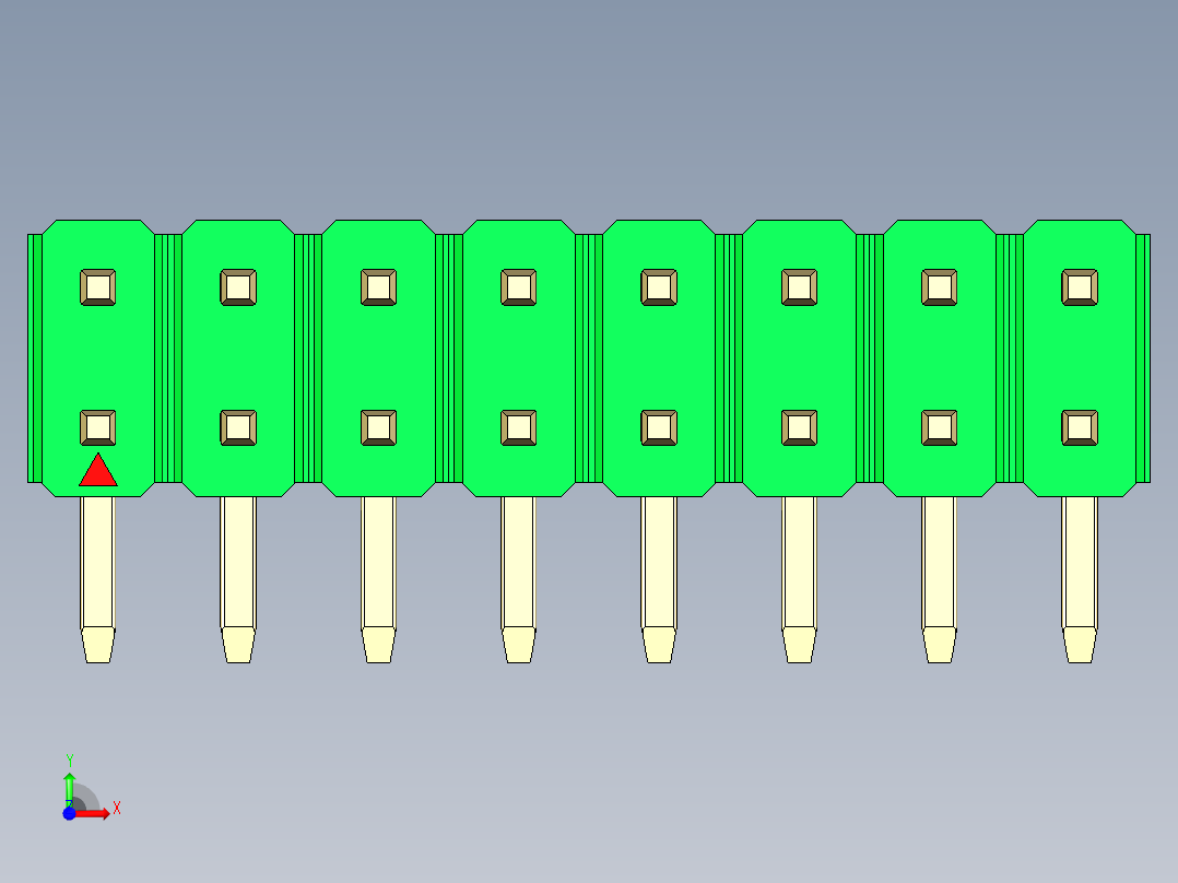 彩色公排针 100mil 2.54mm 系列-DS1022_green_2x08p_100mil_TypeD_rev1.0前视图