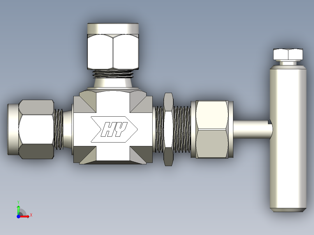 不锈钢整体阀帽角形针形阀，6毫米Hy-Lok管接头前视图