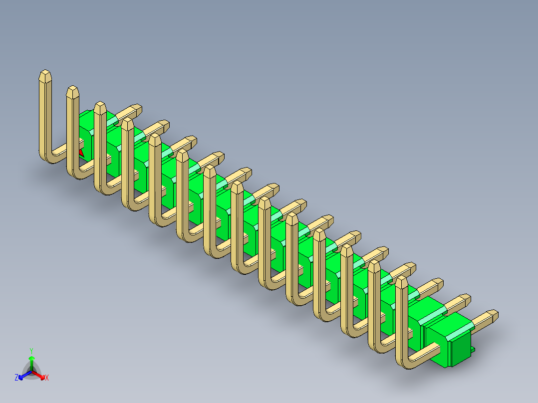 彩色公排针 100mil 2.54mm 系列-DS1022_green_14p_100mil_TypeU_rev1.0正等轴测图
