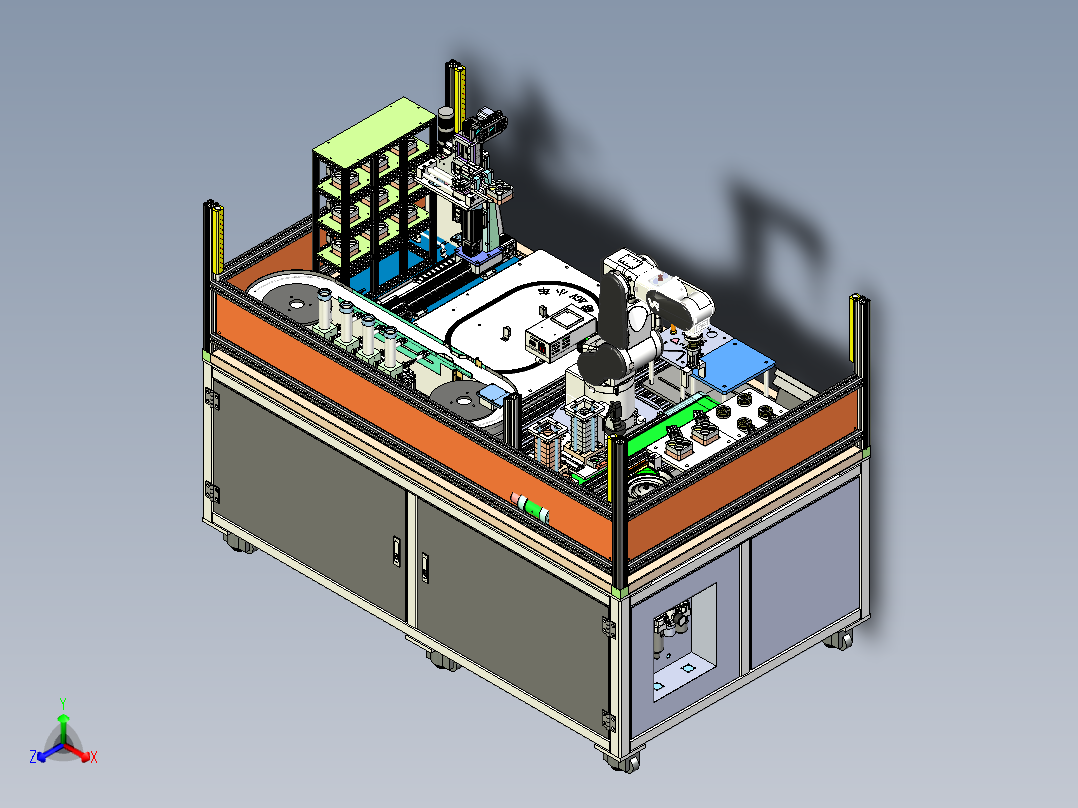 工业机器人教学实训综合实训台完整三维模型含机械手振动盘AGV小车正等轴测图