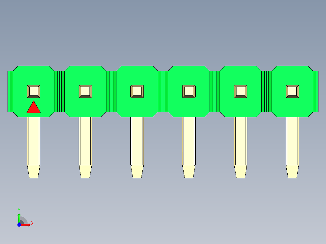 彩色公排针 100mil 2.54mm 系列-DS1022_green_1x06p_100mil_TypeD_rev1.0前视图