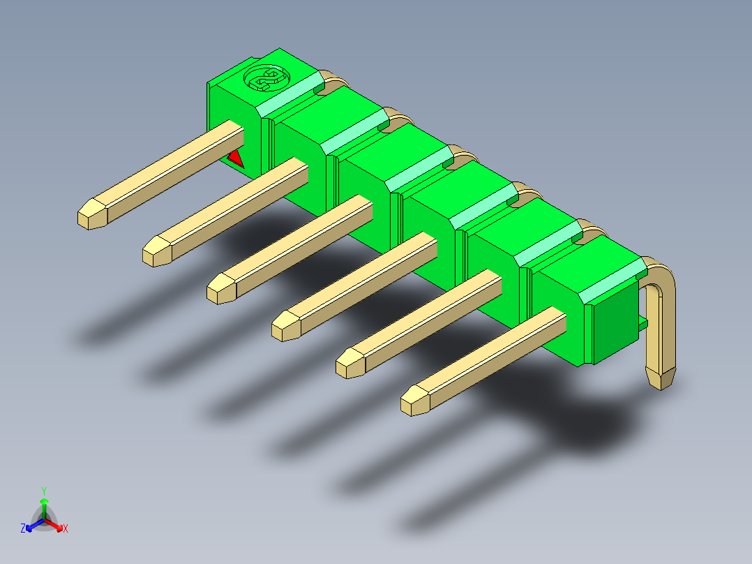 彩色公排针 100mil 2.54mm 系列-DS1022_green_1x06p_100mil_TypeD_rev1.0正等轴测图