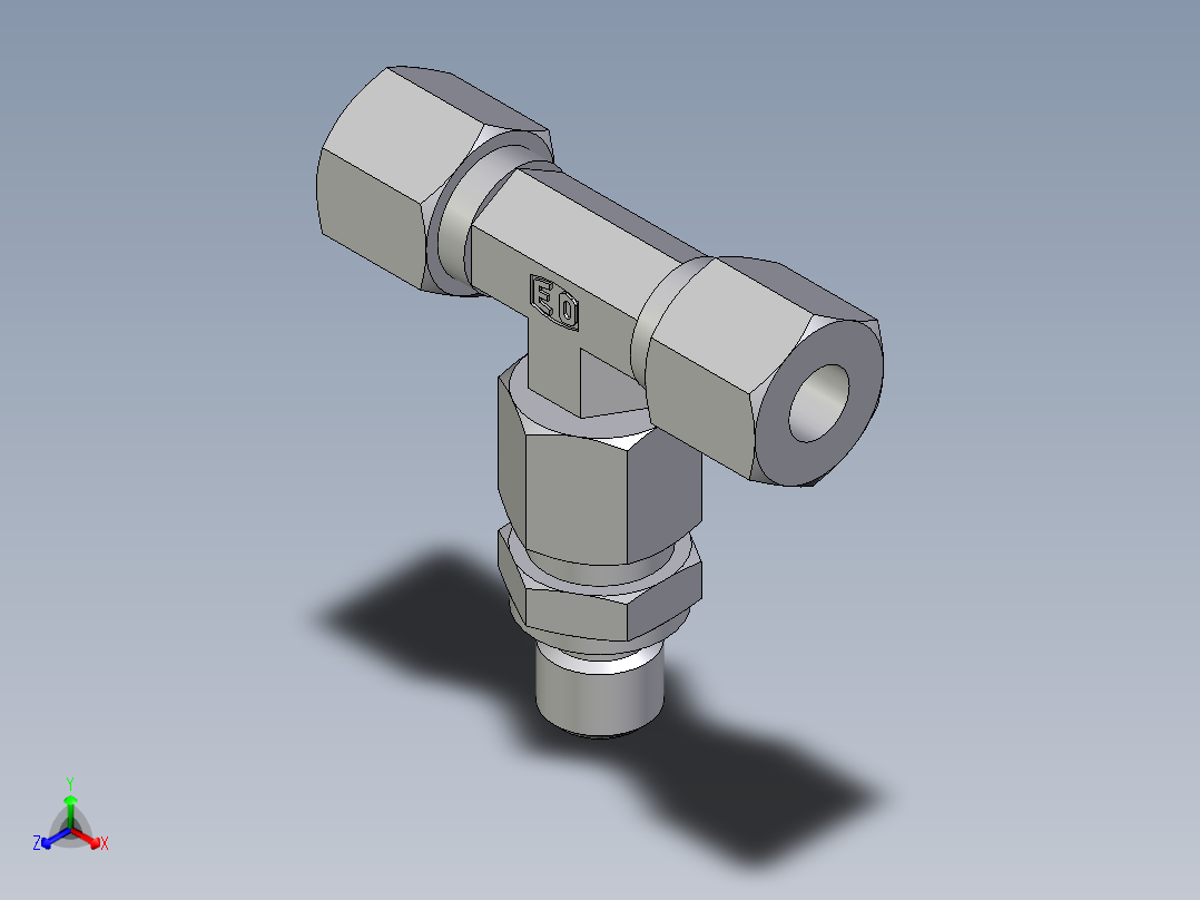 卡套式工业通用硬管接头EO_Assembled_adjustable_standpipe_branch_tee_EVT08LM71正等轴测图