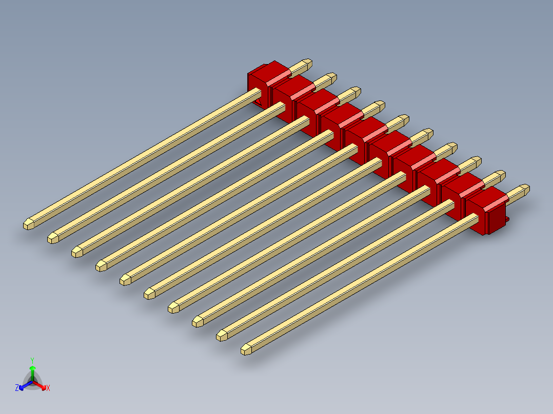 彩色公头100mil（2.54mm）系列-DS1021_red_1x10p_100mil_Type43_rev1.0正等轴测图