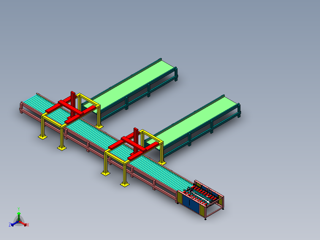 纸箱打包双组蓓链传送生产线sw17可编辑正等轴测图