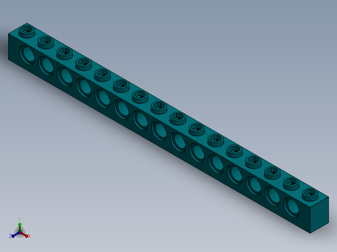 乐高机械组积木（横梁）-3703 Teal Technic Brick 1 x 16 with Holes正等轴测图