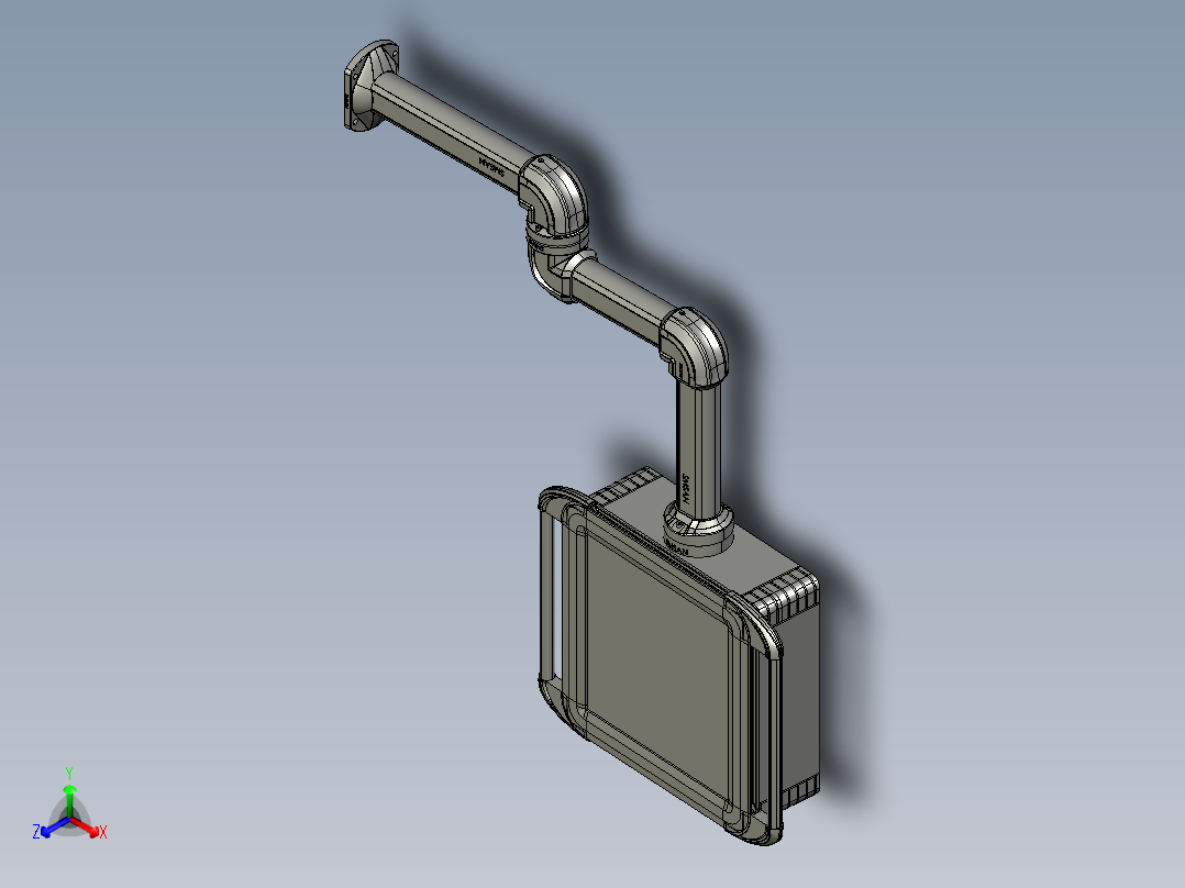 向下固定底座+中间连接器+转角+箱体连接器+控制箱正等轴测图