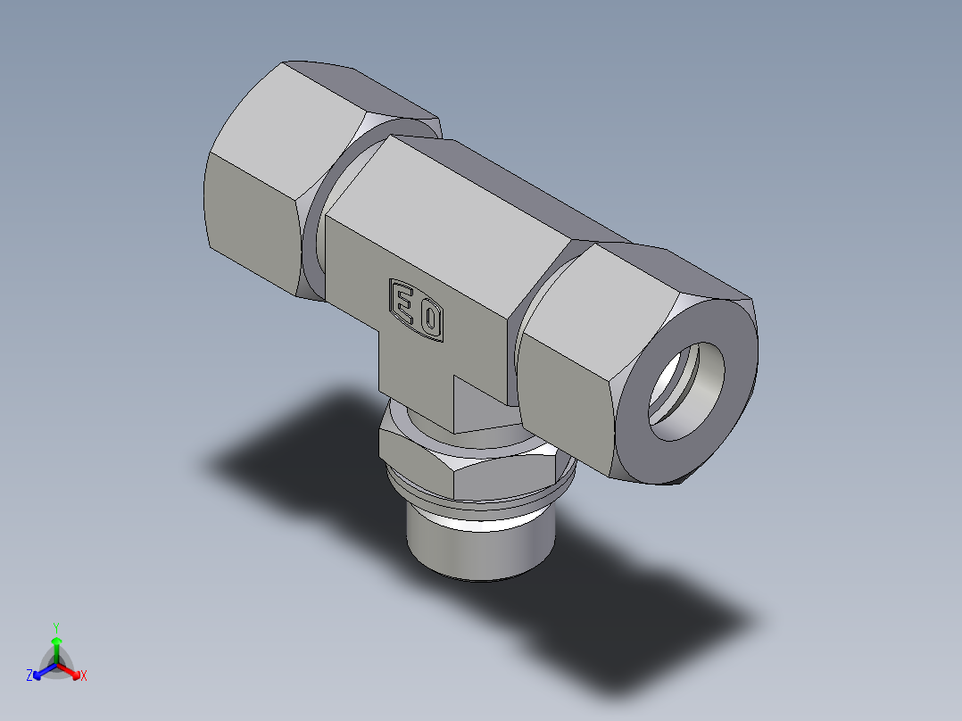 卡套式工业通用硬管接头EO_Adjustable_locknut_branch_tee_TEE16ZSMCF正等轴测图