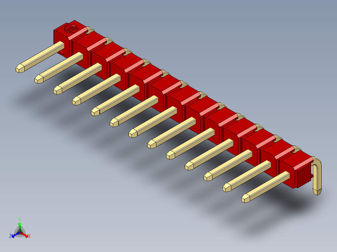 彩色公排针 100mil 2.54mm 系列-DS1022_red_1x13p_100mil_TypeD_rev1.0正等轴测图