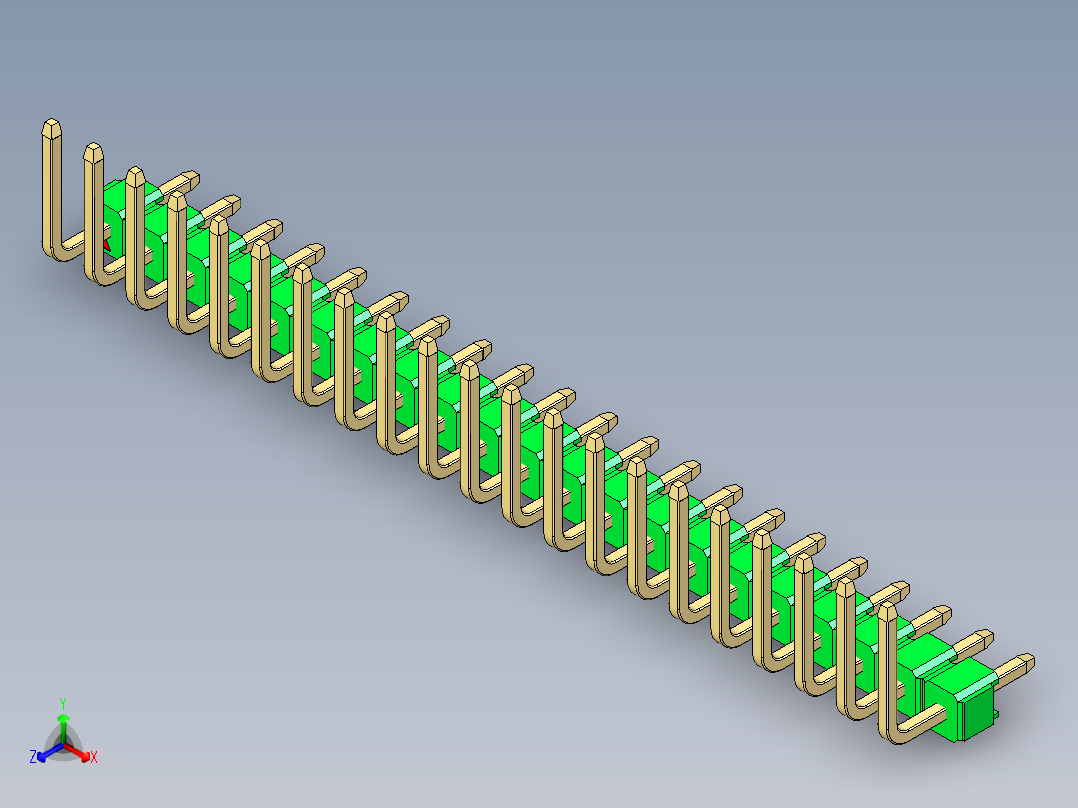 彩色公排针 100mil 2.54mm 系列-DS1022_green_21p_100mil_TypeU_rev1.0正等轴测图