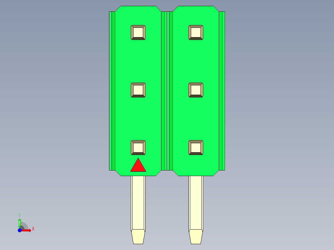 彩色公排针 100mil 2.54mm 系列-DS1022_green_3x02p_100mil_TypeD_rev1.0前视图