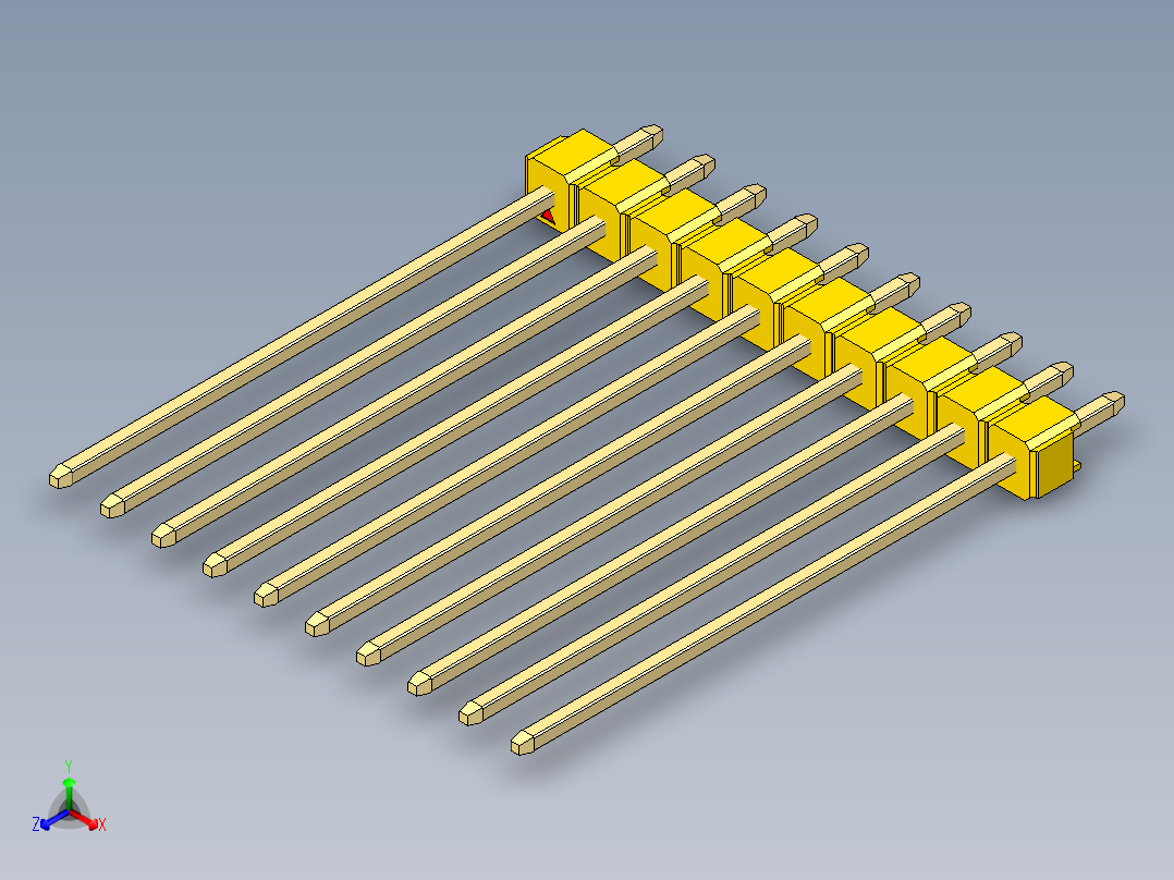 彩色公头100mil（2.54mm）系列-DS1021_yellow_1x10p_100mil_Type43_rev1.0正等轴测图