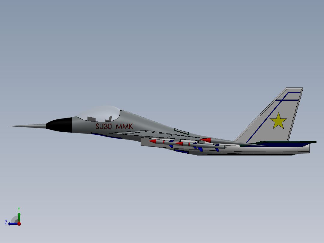 SU30 MMK苏30战斗机简易模型3D图纸 Solidworks设计右视图