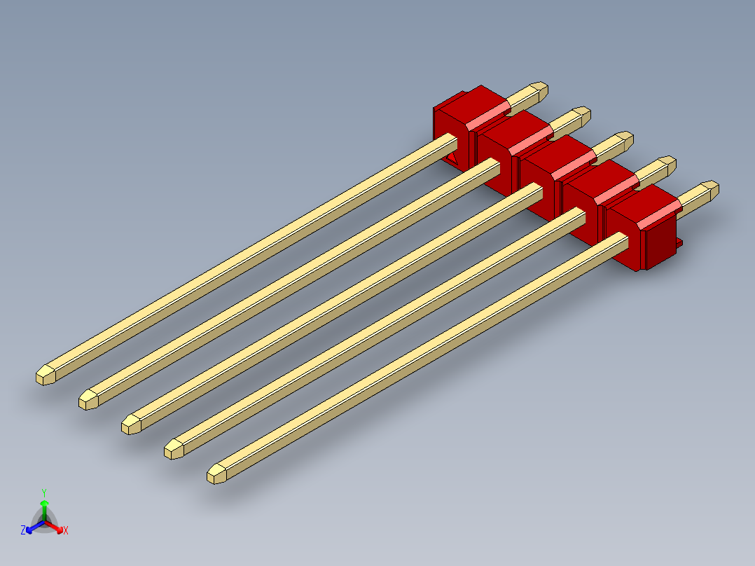 彩色公头100mil（2.54mm）系列-DS1021_red_1x05p_100mil_Type43_rev1.0正等轴测图