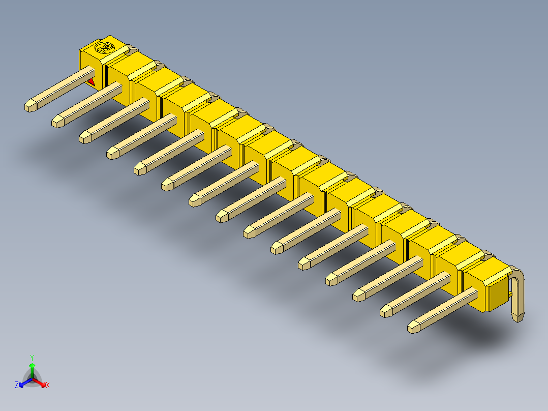 彩色公排针 100mil 2.54mm 系列-DS1022_yellow_1x15p_100mil_TypeD_rev1.0正等轴测图