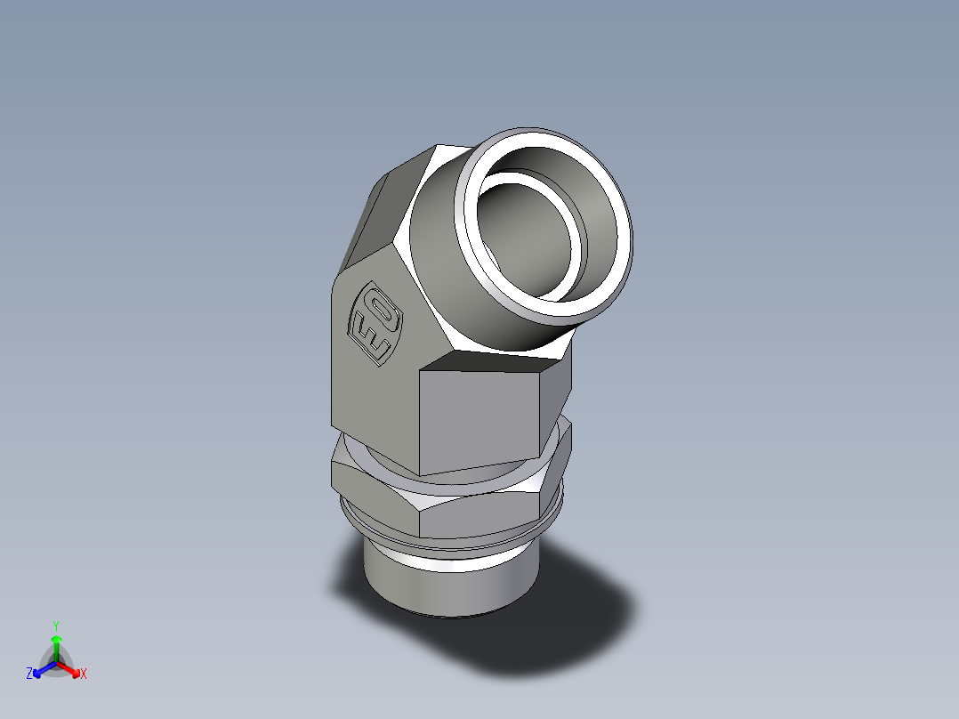 卡套式工业通用硬管接头EO_Adjustable_locknut_45_deg_elbow_VEE18LMOROMDCF正等轴测图