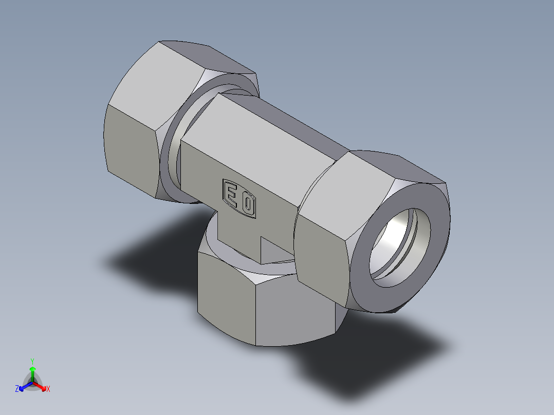 卡套式工业通用硬管接头EO_Swivel_nut_branch_tee_ET22ZLCF正等轴测图