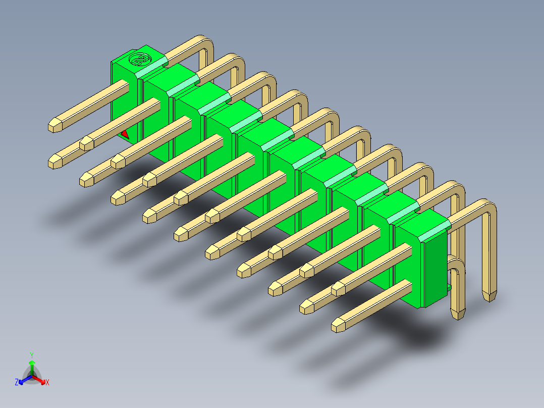 彩色公排针 100mil 2.54mm 系列-DS1022_green_2x10p_100mil_TypeD_rev1.0正等轴测图