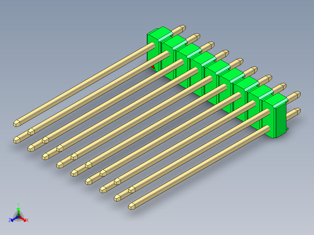 彩色公头100mil（2.54mm）系列-DS1021_green_2x09p_100mil_Type43_rev1.0正等轴测图