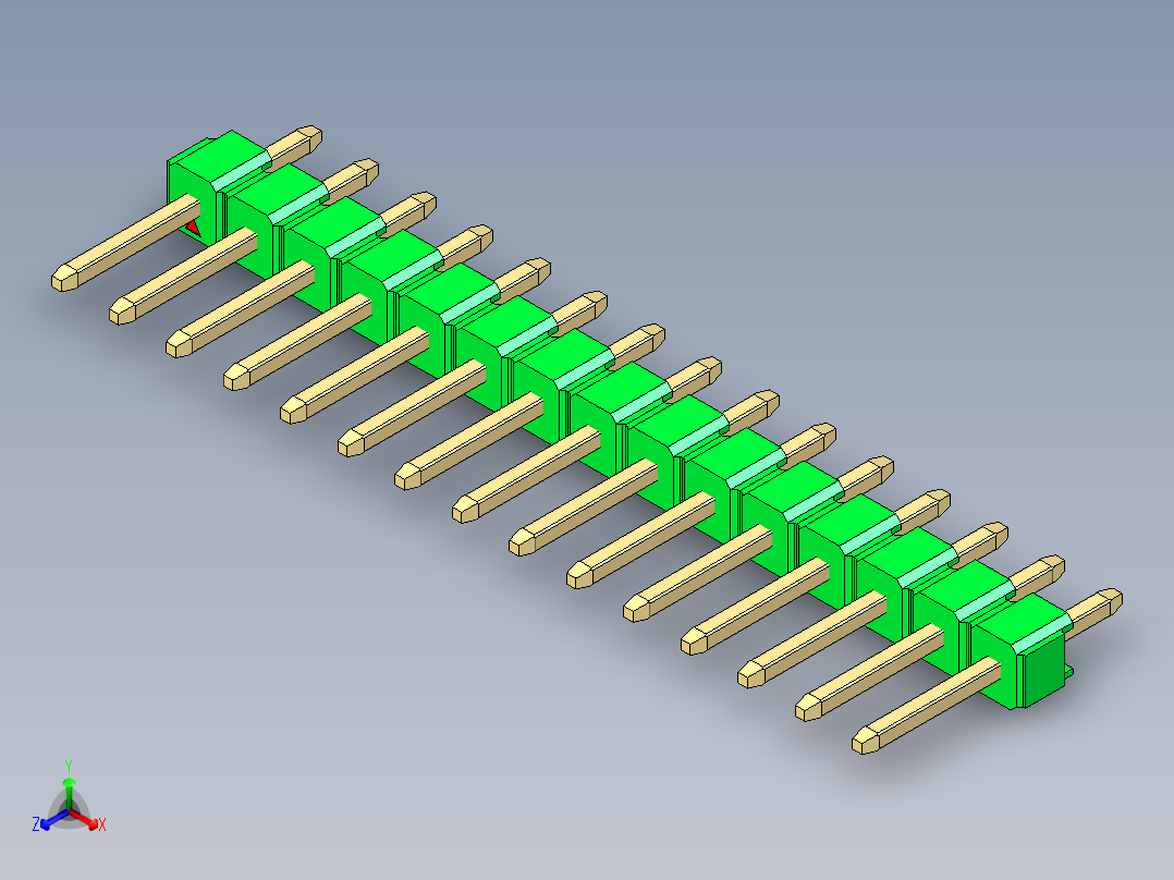 彩色公头100mil（2.54mm）系列-DS1021_green_1x15p_100mil_Type1_rev1.0正等轴测图