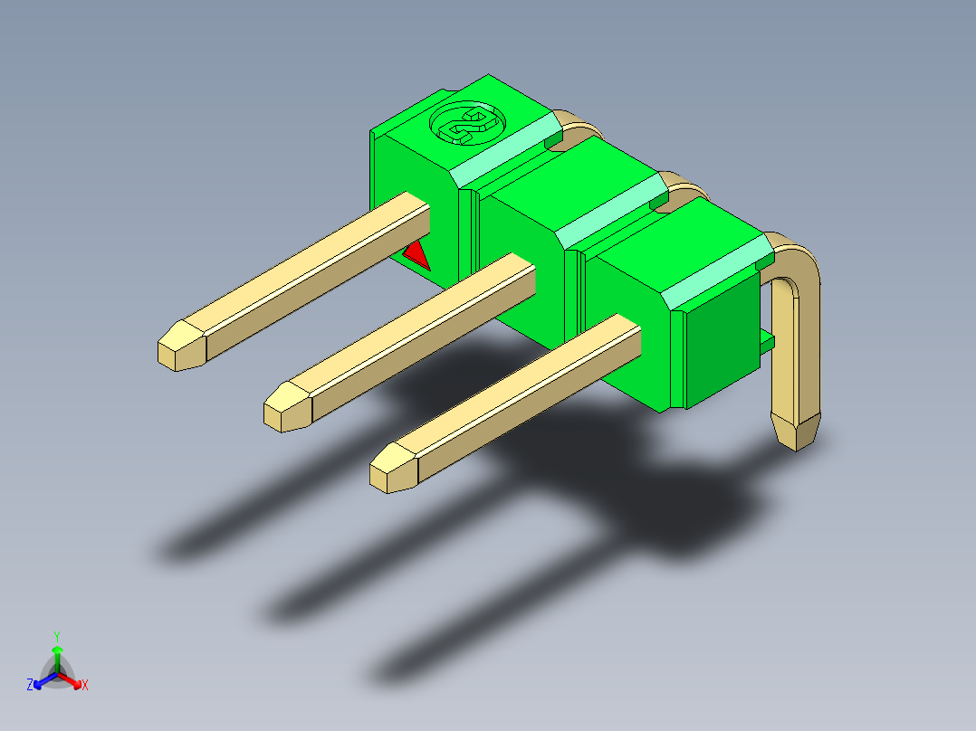 彩色公排针 100mil 2.54mm 系列-DS1022_green_1x03p_100mil_TypeD_rev1.0正等轴测图