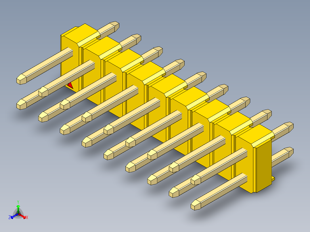 彩色公头100mil（2.54mm）系列-DS1021_yellow_2x09p_100mil_Type1_rev1.0正等轴测图