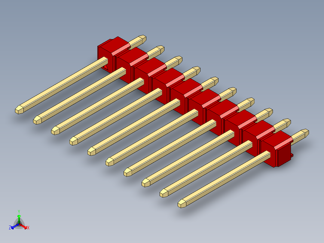 彩色公头100mil（2.54mm）系列-DS1021_red_1x10p_100mil_Type5_rev1.0正等轴测图