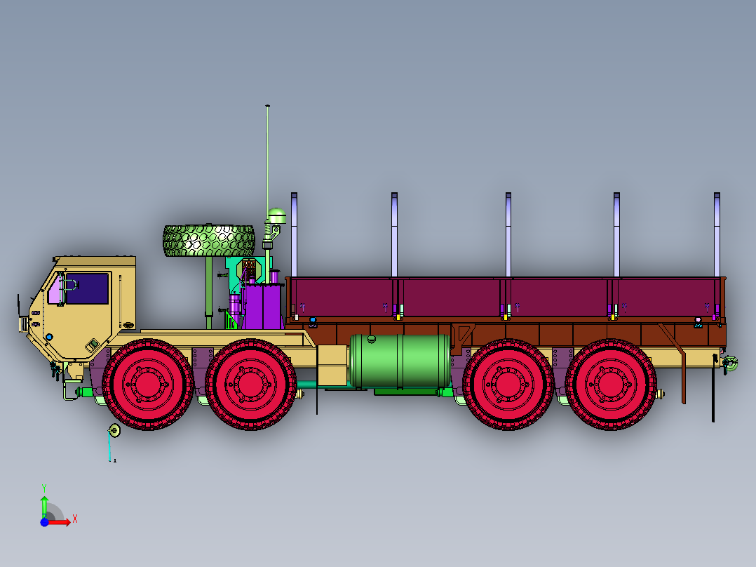 八轮驱动柴油动力的战术卡车前视图