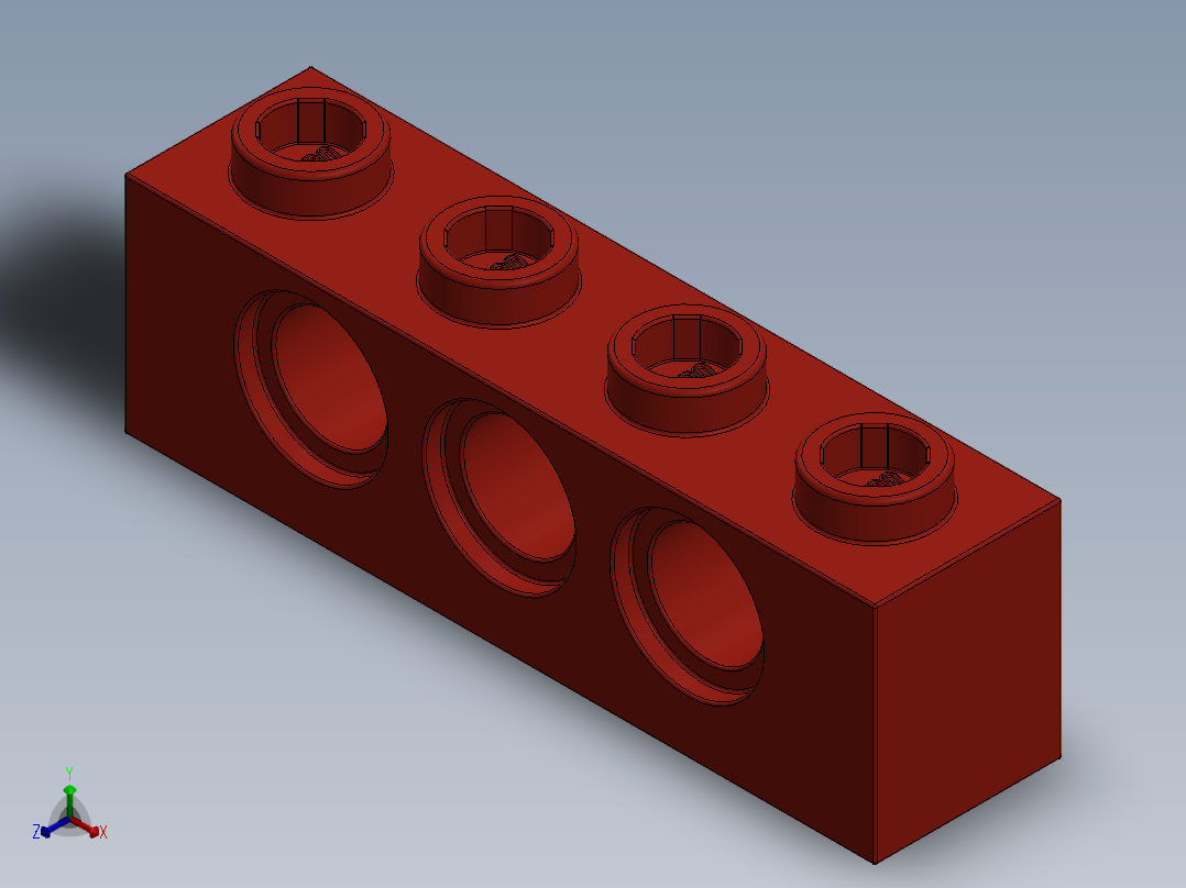 乐高机械组积木（横梁）-370121 Bright Red Technic Brick 1 x 4 with Holes正等轴测图