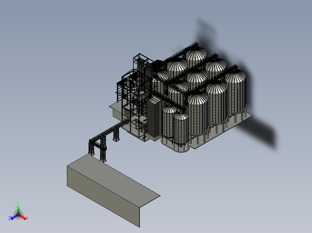 带驳船码头的谷物仓后视图