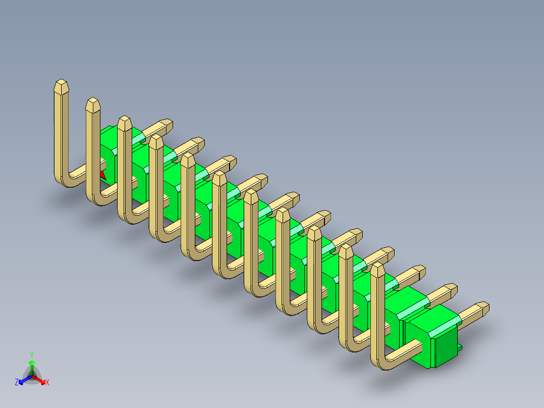 彩色公排针 100mil 2.54mm 系列-DS1022_green_11p_100mil_TypeU_rev1.0正等轴测图