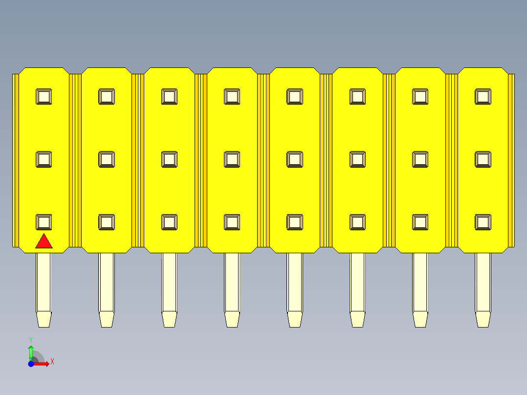 彩色公排针 100mil 2.54mm 系列-DS1022_yellow_3x08p_100mil_TypeD_rev1.0前视图