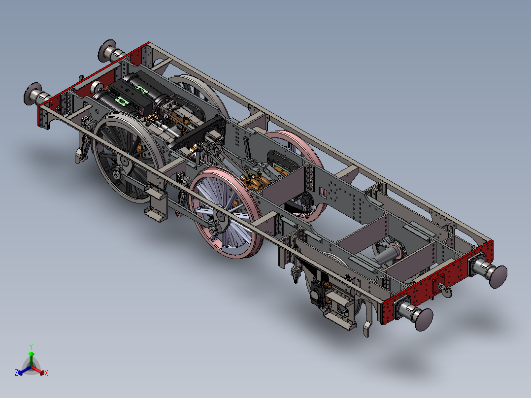 蒸汽车主框架+传动装置+发动机3D模型正等轴测图