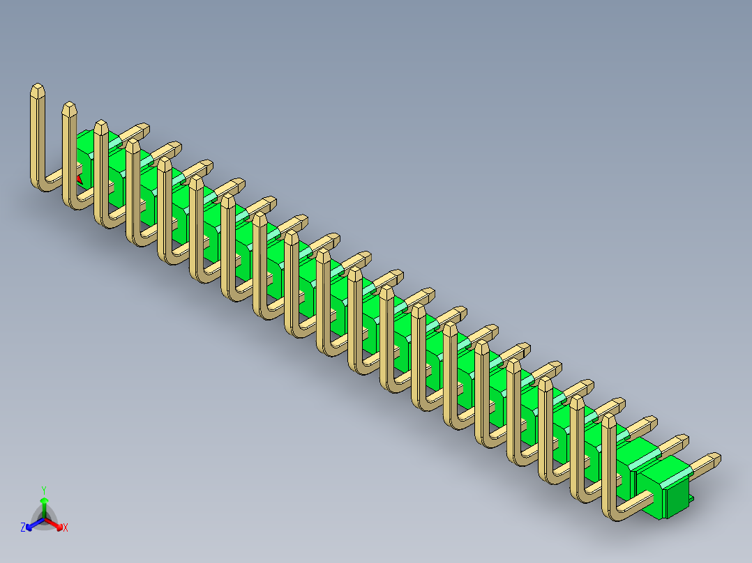 彩色公排针 100mil 2.54mm 系列-DS1022_green_19p_100mil_TypeU_rev1.0正等轴测图