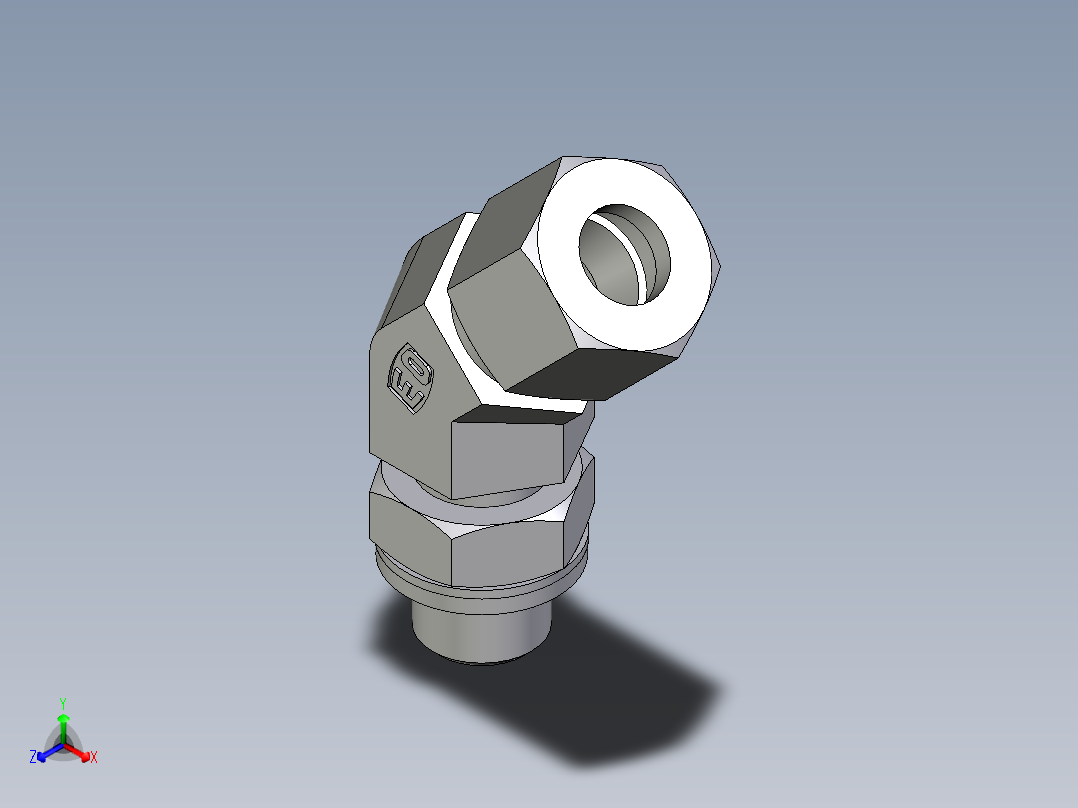 卡套式工业通用硬管接头EO_Adjustable_locknut_45_deg_elbow_VEE10LRCF正等轴测图