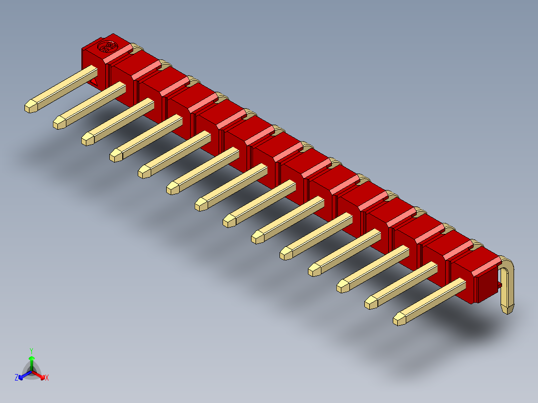 彩色公排针 100mil 2.54mm 系列-DS1022_red_1x14p_100mil_TypeD_rev1.0正等轴测图