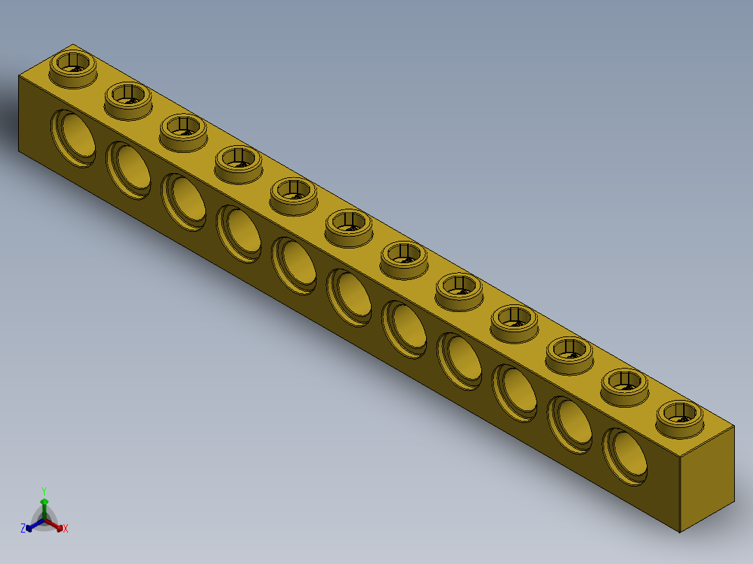 乐高机械组积木（横梁）-389524 Bright Yellow Technic Brick 1 x 12 with Holes正等轴测图