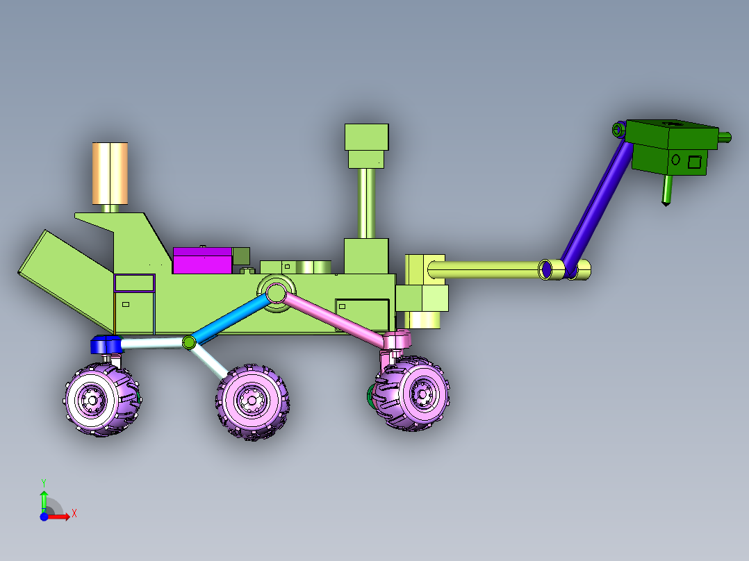 越障性能的六轮摇臂式月球探测车前视图