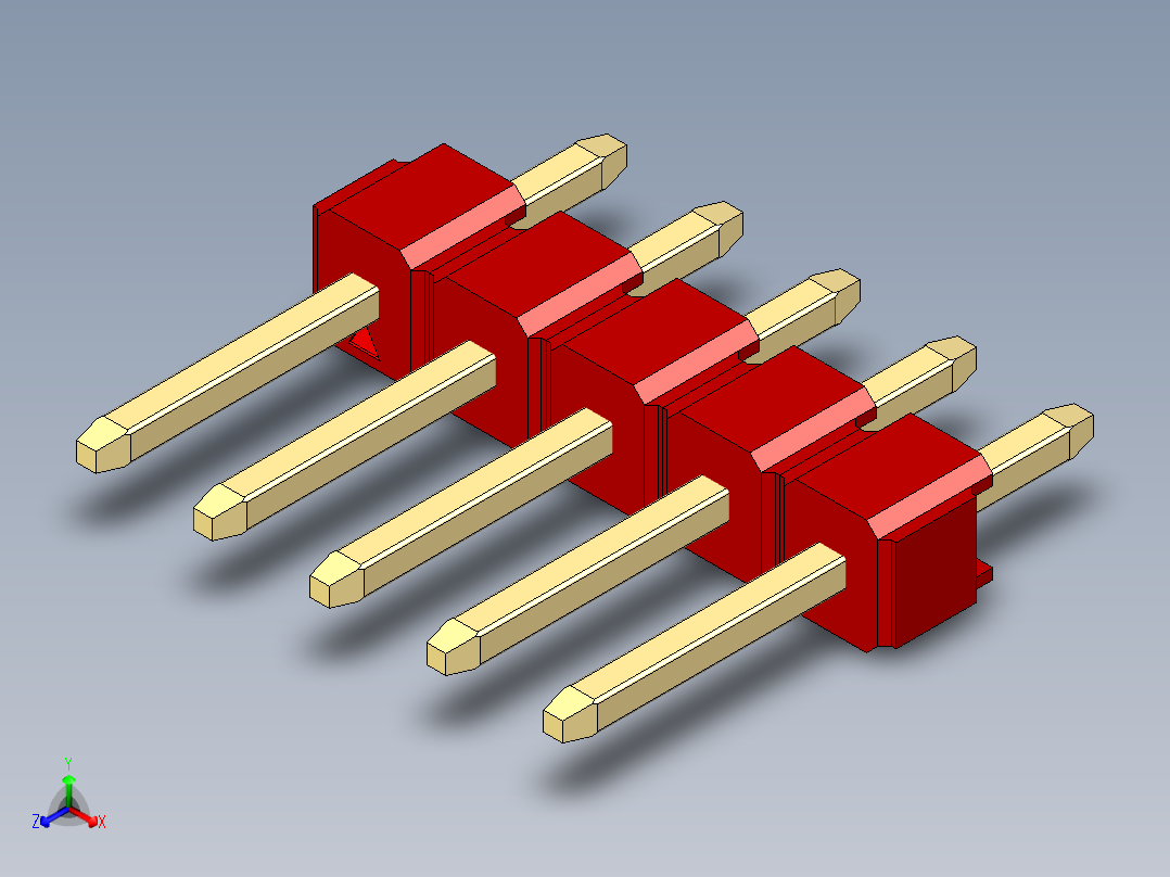 彩色公头100mil（2.54mm）系列-DS1021_red_1x05p_100mil_Type1_rev1.0正等轴测图