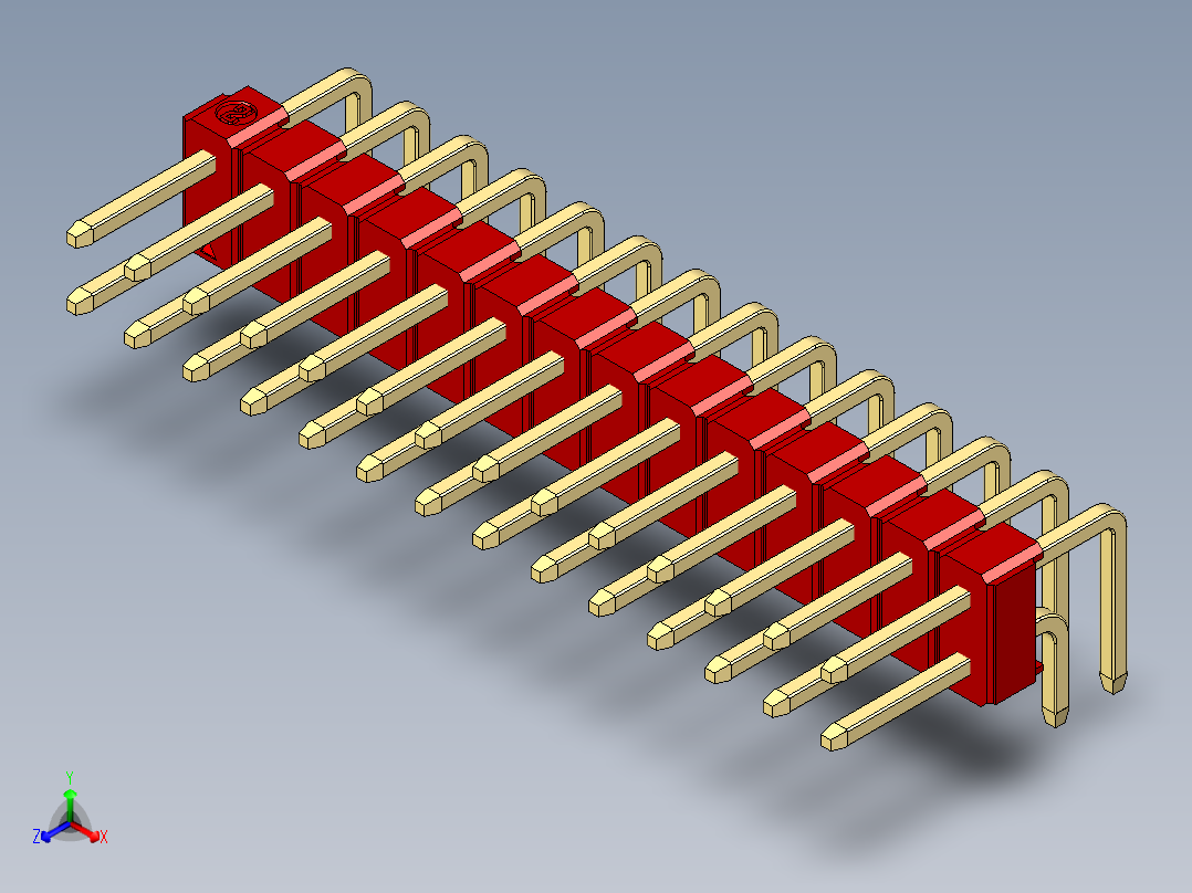 彩色公排针 100mil 2.54mm 系列-DS1022_red_2x14p_100mil_TypeD_rev1.0正等轴测图