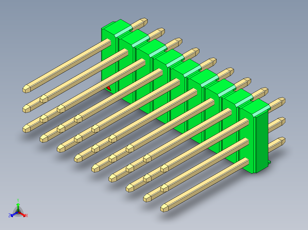 彩色公头100mil（2.54mm）系列-DS1021_green_3x09p_100mil_Type5_rev1.0正等轴测图