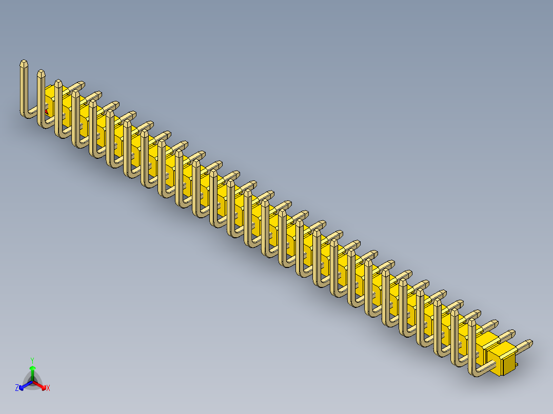 彩色公排针 100mil 2.54mm 系列-DS1022_yellow_27p_100mil_TypeU_rev1.0正等轴测图