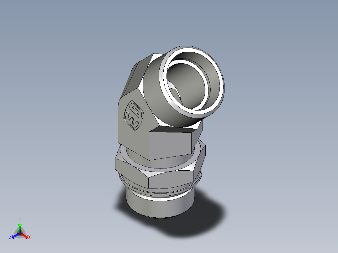 卡套式工业通用硬管接头EO_Adjustable_locknut_45_deg_elbow_VEE22LM27X2OROMDCF正等轴测图