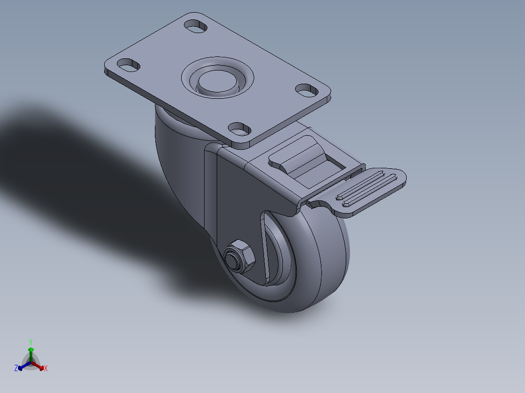 标准脚轮-WH-5023H-76 3in SWIVEL BRAKE PLATE MOUNTING H=108 45x75mm pitch正等轴测图